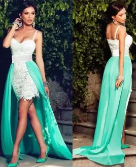 Sleeveless With Train Lace and Belt Zipper Homecoming Dress with White and Turquoise Sweep Train