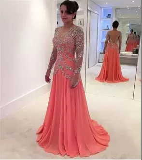 Watermelon Red Backless V-neck Beading and Lace Prom Dress Chiffon Long Sleeves