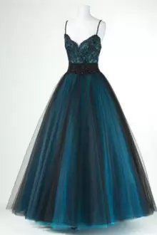 Sleeveless Floor Length Lace Lace Up Prom Evening Gown with Teal