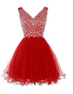 Fitting Red Prom Party Dress Prom and Party with Beading V-neck Sleeveless Zipper