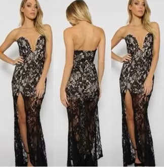 Inexpensive Black Lace Zipper V-neck Sleeveless Floor Length Homecoming Party Dress Lace