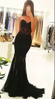 Black Mermaid Sweetheart Sleeveless Satin and Organza and Tulle Floor Length Sweep Train Lace Up Beading and Lace Juniors Evening Dress