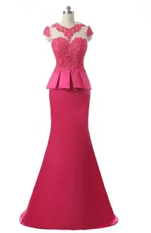 Charming Hot Pink V-neck Neckline Lace and Appliques Prom Dress Cap Sleeves Zipper