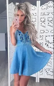 Mini Length Blue Homecoming Gowns Sleeveless Embroidery