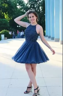 Beaded Halter Top Pleated Tulle Navy Blue Short Homecoming Dresses
