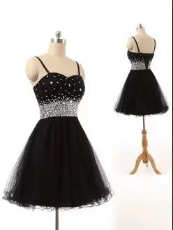 Elegant Black Short Tulle Straps Prom Dress with Beading Mini Length Lace Up