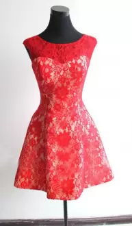 Red Lace Over Illusion Neck Mini Length Short Junior Homecoming Dress Scoop Neckline