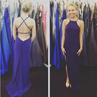 Custom Designed Sleeveless Ruching Backless Homecoming Dress Online with Royal Blue Sweep Train