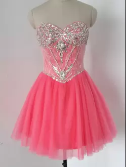 Chic Pink Tulle Zipper Sweetheart Sleeveless Mini Length Beading and Lace