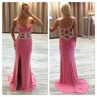 Free and Easy Beading Prom Party Dress Watermelon Red Backless Sleeveless Brush Train