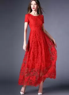 Elegant Ankle Length Red Homecoming Dress Lace Short Sleeves Lace
