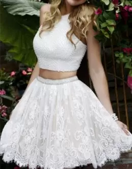 Edgy Mini Length Two Pieces Sleeveless White Homecoming Dress Lace Up