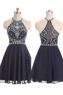Delicate Beading Dress for Prom Navy Blue Zipper Sleeveless Mini Length