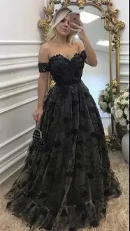 High Quality Black Tulle Lace Up Off The Shoulder Sleeveless Floor Length Homecoming Dresses Lace and Appliques