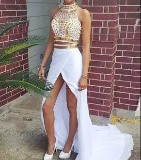 White Sleeveless Chiffon Sweep Train Lace Up Prom Evening Gown for Prom and Party