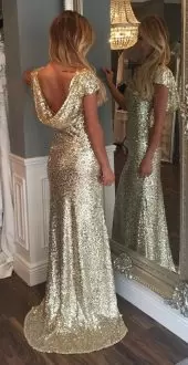 Glittering Sequined Short Sleeves Floor Length Prom Party Dress and Beading