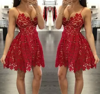 Red A-line Lace Lace Sleeveless Mini Length Prom Dress