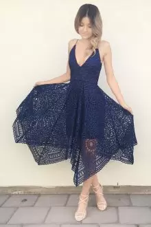 Unique Asymmetrical Empire Sleeveless Navy Blue Prom Gown