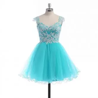 Cheap Knee Length Blue Prom Homecoming Dress Tulle Cap Sleeves Appliques
