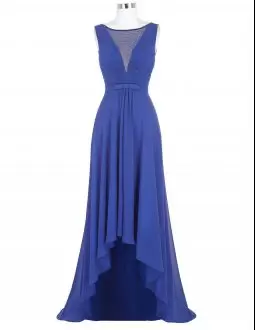 Stunning High Low Royal Blue Hoco Dress Chiffon Sweep Train Sleeveless Belt
