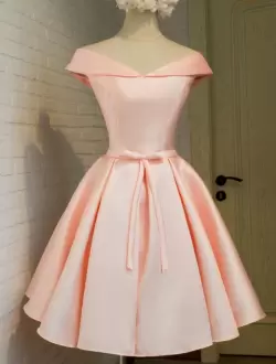 Spectacular Pink Satin Lace Up Evening Dress Sleeveless Mini Length Belt