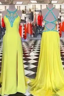 Yellow Halter Top Backless Beading and Ruching Going Out Dresses Sleeveless