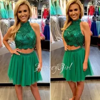 Halter Top Sleeveless Junior Homecoming Dress Knee Length Beading Green Tulle