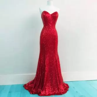 Custom Fit Sequins Prom Dress Red Lace Up Sleeveless Floor Length