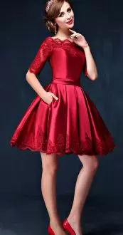 Wonderful Long Sleeves Mini Length Lace and Appliques Lace Up Prom Dress with Wine Red