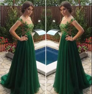 Green Lace Up Scoop Appliques and Embroidery Prom Dresses Chiffon and Tulle Cap Sleeves Brush Train