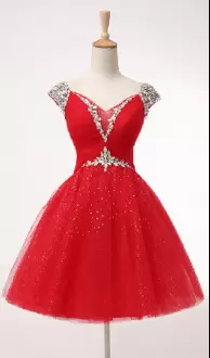 Red Prom Dresses Prom and Party and Military Ball with Beading Sweetheart Cap Sleeves Lace Up