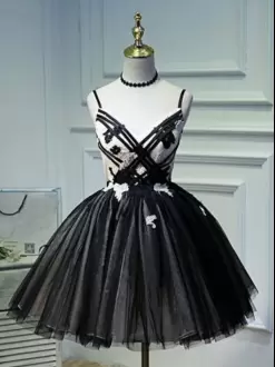 Black A-line Appliques Dress for Prom Lace Up Tulle Sleeveless Mini Length
