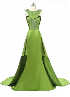Olive Green Mermaid Straps Sleeveless With Train Sweep Train Lace Up Beading Homecoming Dresses