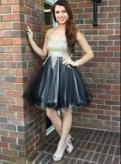 Custom Design Black A-line Beading and Appliques Prom Dress Lace Up Tulle Sleeveless Mini Length