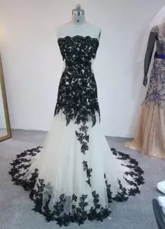 Fantastic Strapless Sleeveless Brush Train Lace Up Prom Dresses White And Black Tulle Appliques