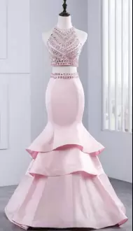 Mermaid Two Piece Scoop Halter Top Zipper Evening Dress with Beaded Top Pink Satin