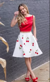 Cute Satin Two Piece Red and White Mini Length Homecoming Dress and Cherry Print Skirt