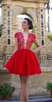 Mini Length Red Dress for Prom V-neck Cap Sleeves Backless