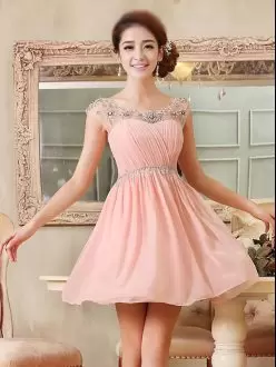 Pink A-line Scoop Cap Sleeves Chiffon Mini Length Lace Up Beading Prom Dresses