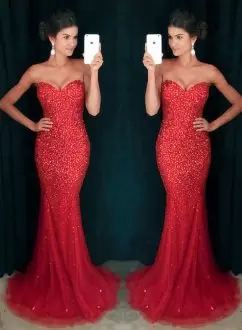 Enchanting Red Sweetheart Lace Up Beading and Lace Evening Outfits Sweep Train Sleeveless