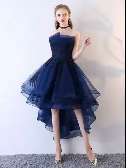 Navy Blue Strapless Neckline Lace and Appliques Homecoming Dress Online Sleeveless Backless