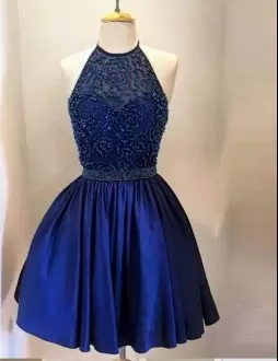 Knee Length Backless Prom Party Dress Navy Blue for Prom and Party and Military Ball with Beading