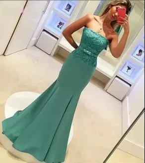 Simple Green Mermaid Strapless Sleeveless Satin Floor Length Lace Up Belt Prom Gown