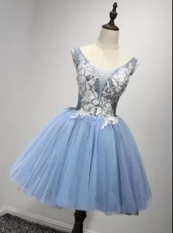 Extravagant Blue Lace Up V-neck Sleeveless Mini Length Prom Dresses Lace