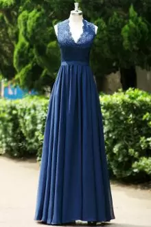 Navy Blue Dress for Prom Prom with Lace V-neck Sleeveless Backless