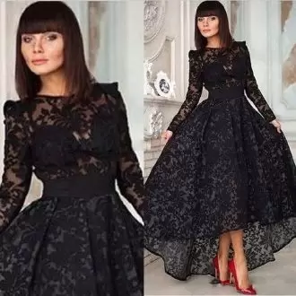 Inexpensive Floor Length Black Dress for Prom Sweetheart Long Sleeves Sweep Train Lace Up