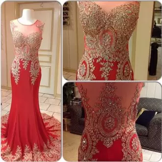 Adorable Court Train Column Sheath Prom Dress Red Scoop Chiffon Sleeveless Floor Length Lace Up