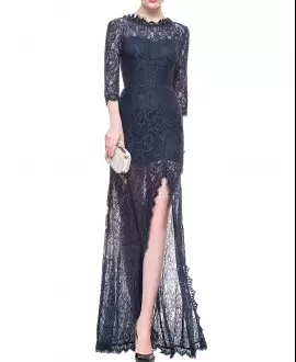 Free and Easy Sweetheart Long Sleeves Prom Evening Gown Floor Length Beading and Lace Navy Blue Satin