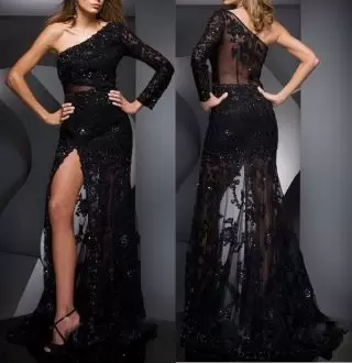 Long Sleeves One Shoulder Sweep Train Zipper Beading and Appliques Homecoming Dress One Shoulder