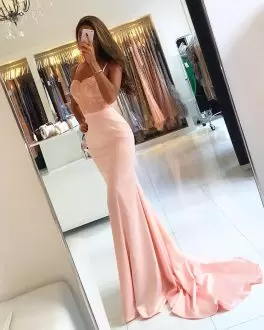 Most Popular Spaghetti Straps Sleeveless Brush Train Zipper Appliques and Belt Prom Gown in Pink
